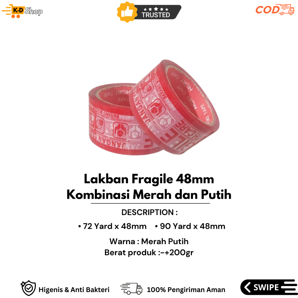 

Lakban Fragile 48mm Kombinasi Merah dan Putih Kualitas Super(2 varian 72yard dan 90yard)