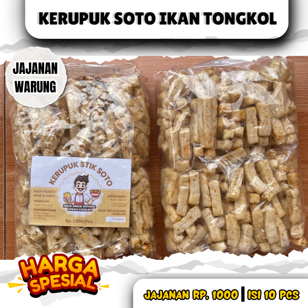 

Kerupuk Stik Soto (Isi 10pcs /Pak ) Gurih Pedas Rasa Ikan Tongkol JAJANAN 1000 | NOLIS SNACK