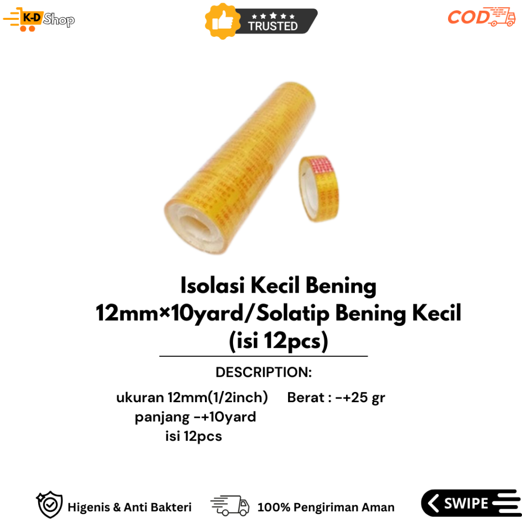 

Isolasi Kecil. Bening 12mm×10yard/Solatip Bening Kecil.(isi 12pcs) Murah