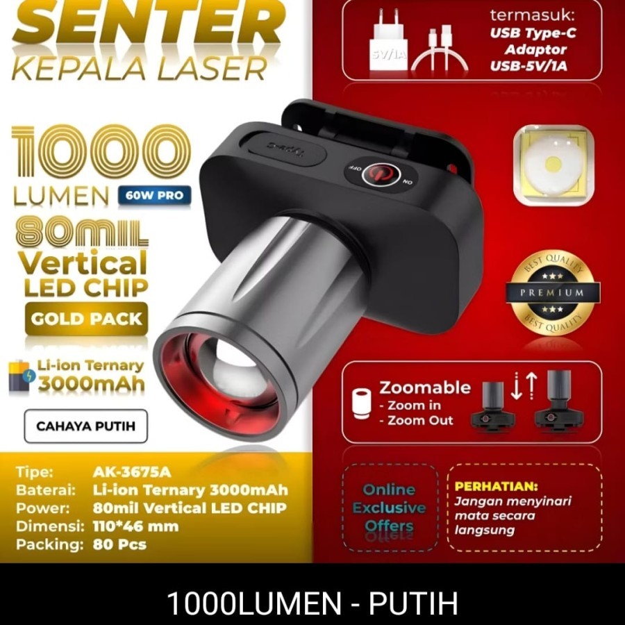 SENTER KEPALA ZOOM AOKI AK-3675A 60W PRO 1000 LUMEN - TAHAN LAMA - ZOOM JARAK JAUH