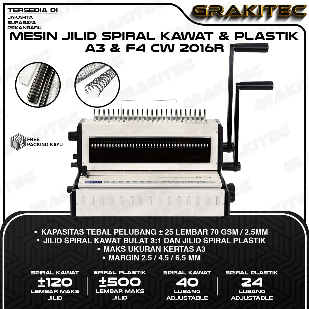 Mesin Jilid Spiral CW2016R Kombinasi Kawat 3:1 Bulat  & Jilid SPiral Plastik Premium GRAKITEC Bisa U