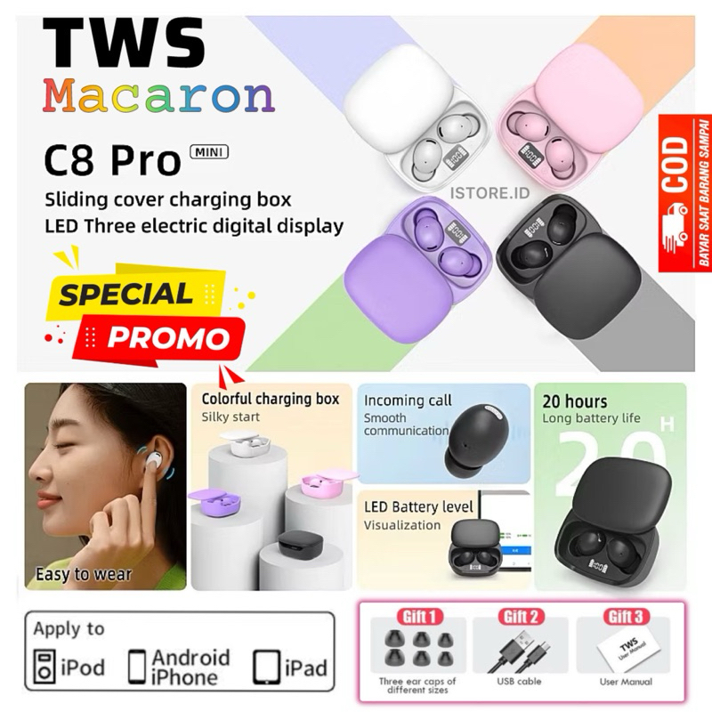 [COD] (Free: Sticker) PROMO C8 PRO - Mini TWS Bluetooth 5.3 Slide Cover LED Display Macaron 9D Full 