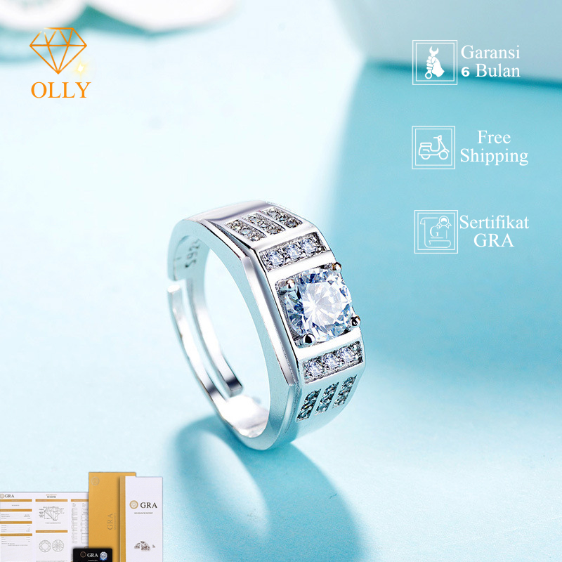 Cincin Pria Moissanite Asli Sertifikat GRA Cincin Cowok Lapis Perak Berlian Anti Karat Cincin Keren 