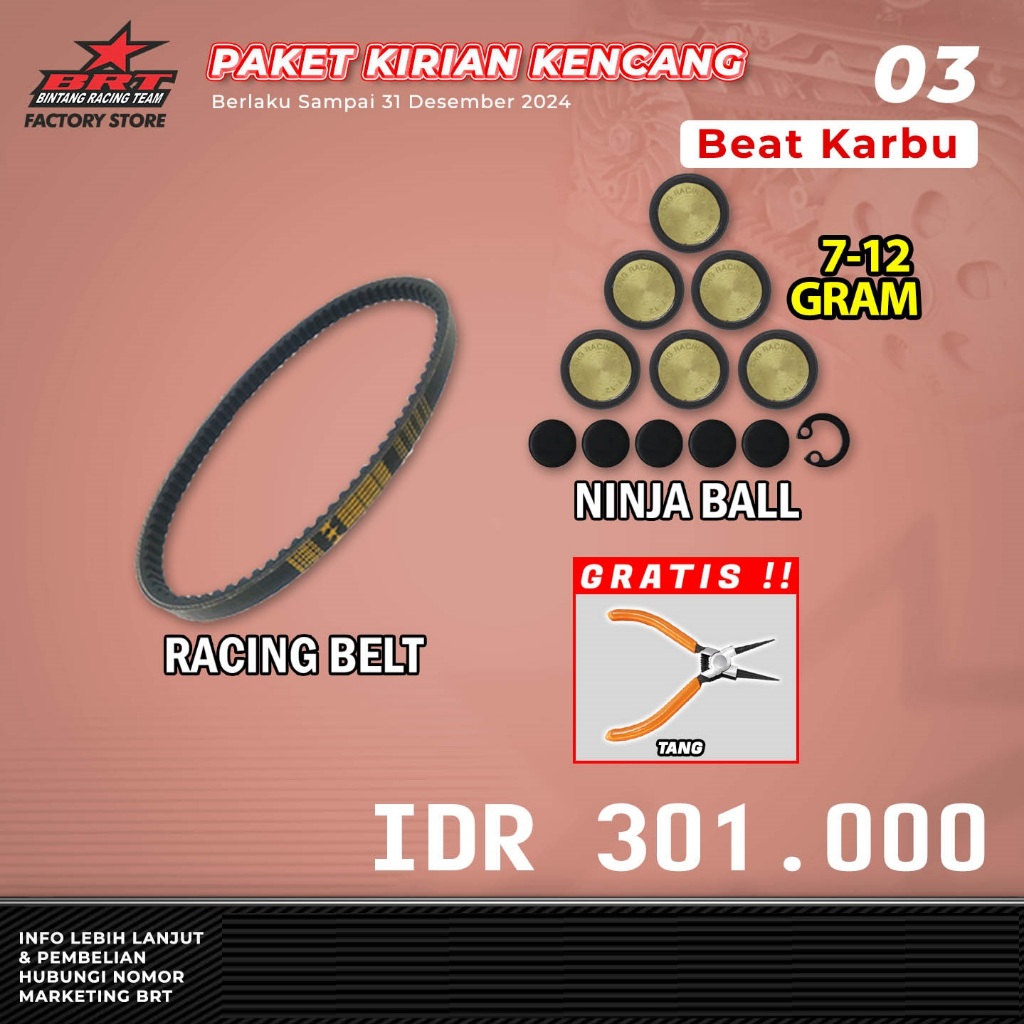 PAKET KIRIAN KENCANG 3 BEAT KARBU BRT - BELT + ROLLER NINJA BALL + FREE TANG BEAT KARBU - BRT BINTAN