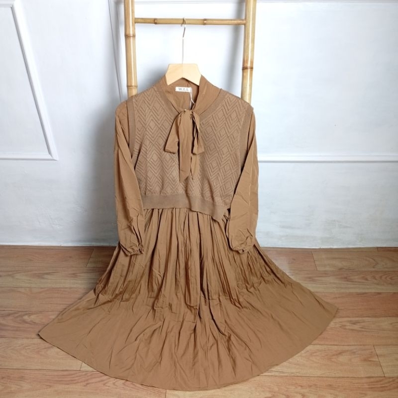 Midi dress/semi tunik wanita korea bahan import mix knit rajut bisa dilepas pasang.. SALE ngabisin s