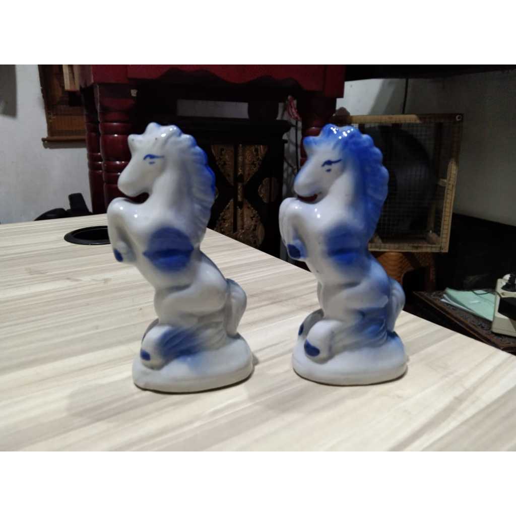 Patung Kuda Keramik Putih Biru Kecil Kuno Jadul Antik