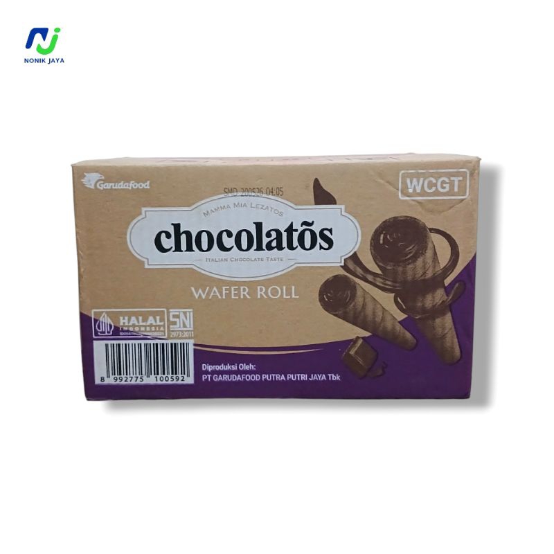 

( GARUDA FOOD ) Chocolatos Wafer Roll Kaleng 1 Dus Isi 6 Kaleng@310g(WAFER ROL RASA COKELAT)