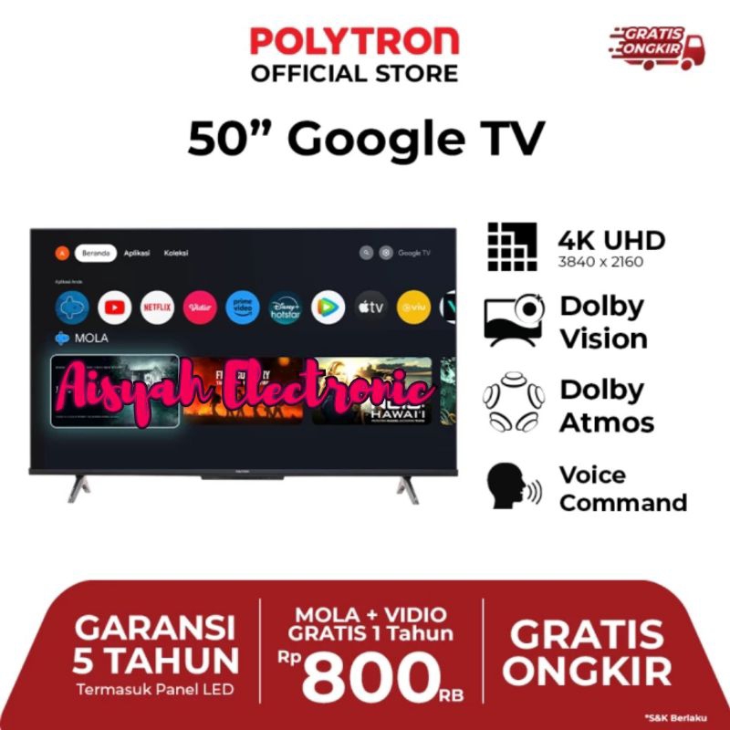 GOOGLE TV POLYTRON 50QG9059 50 INCI UHD 4K GARANSI RESMI