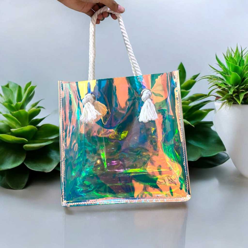 

Tas jinjing pvc mika hologram size 23 x 10 x 23 cm tali tambang tebal souvenir