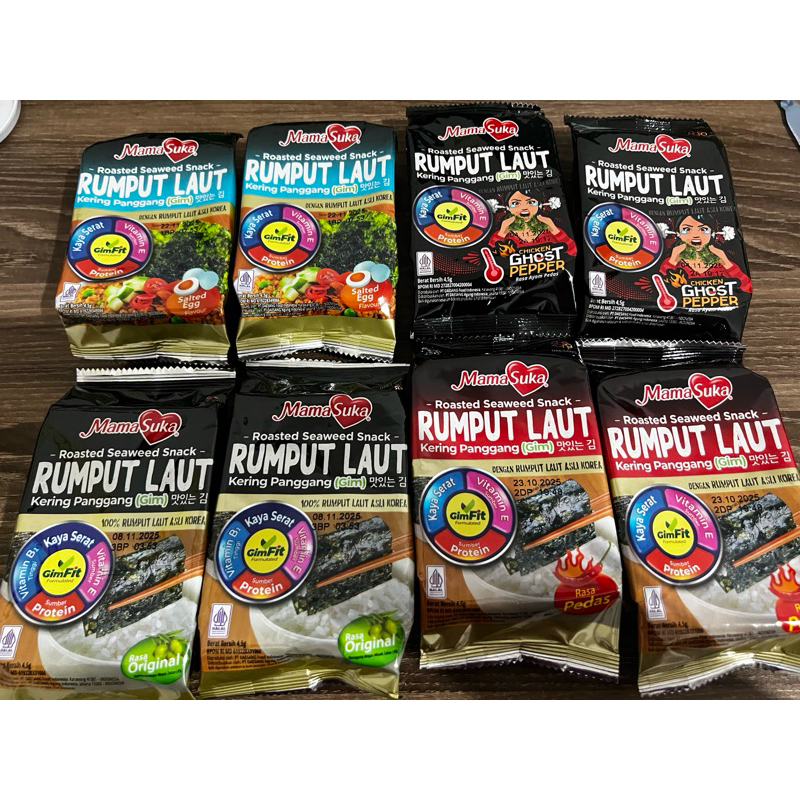 

MAMA SUKA RUMPUT LAUT ORIGINAL - MAMA SUKA RUMPUT LAUT GHOST PEPPER - MAMA SUKA RUMPUT LAUT PEDAS - MAMA SUKA RUMPUT LAUT SALTED EGG - MAMA SUKA ROASTED SEAWEED SNACK 4.5gram