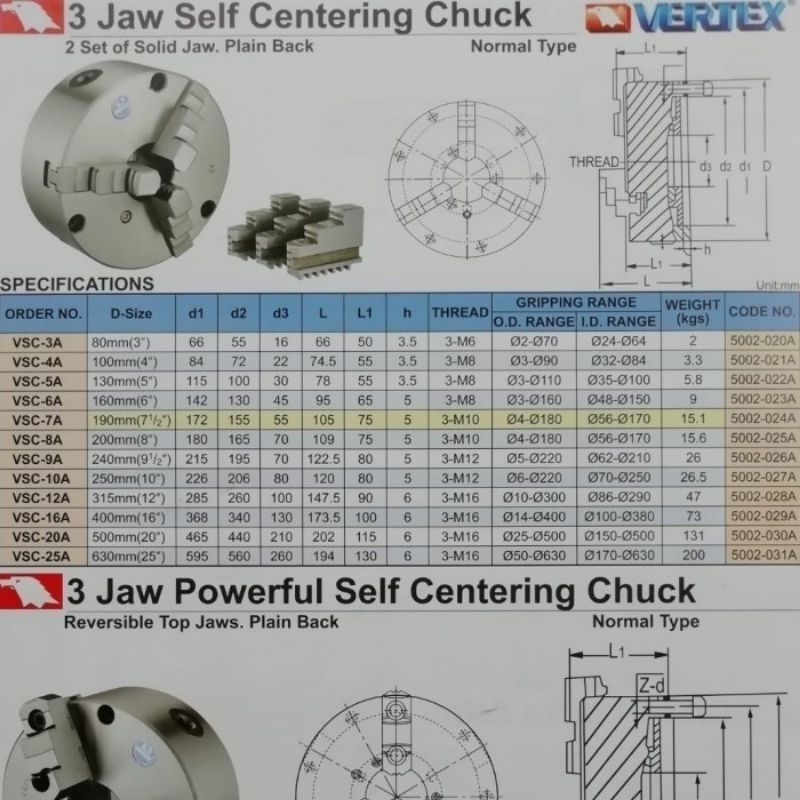Vertex 3 jaw self centering chuck vsc 5a