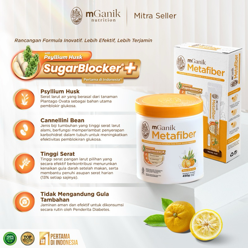 Mganik Metafiber Sugar Blocker+ ( Improved Formula Cannellini Bean) Rasa Yuzu 450gram free 1 botol m