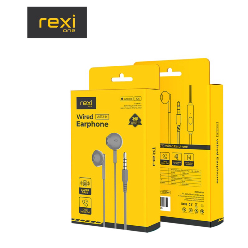 Rexi AS12-K Headset Earphone Wired Bass Control AS12-K/AS11-K/AS08-Kx/AS05-Kx/Ai15-K