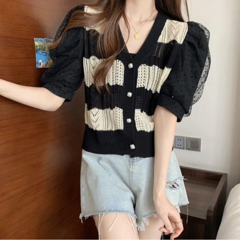 K1954 Baju atasan blouse RIDELIA PUFF SLEEVE HOLLOW OUT KNITTED TOP Lengan pendek krem hitam salur b