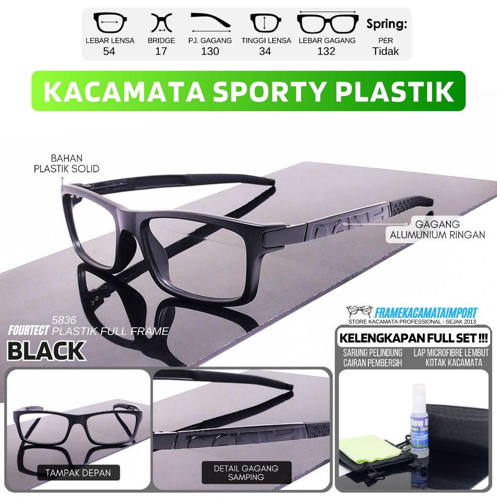 Kacamata Minus Pria Plastik Kotak Sporty Gagang Metal