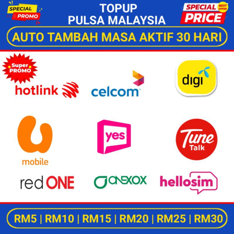 Pulsa Malaysia Maxis Hotlink Umobile Digi Celcom TuneTalk Yes Onexox RedONE Hello sim