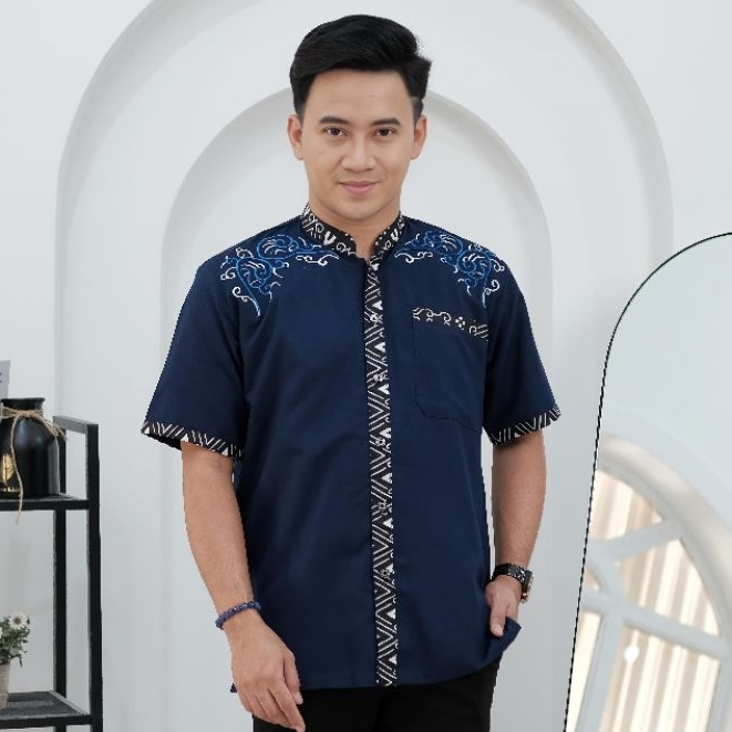 Baju Koko Pendek Kombinasi Batik Model 03