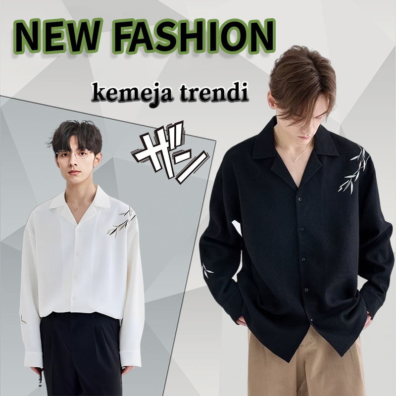 kemeja bordir pria Korean style y2k outfit kemeja oversized pria lengan panjang kemeja Kasual Kemeja
