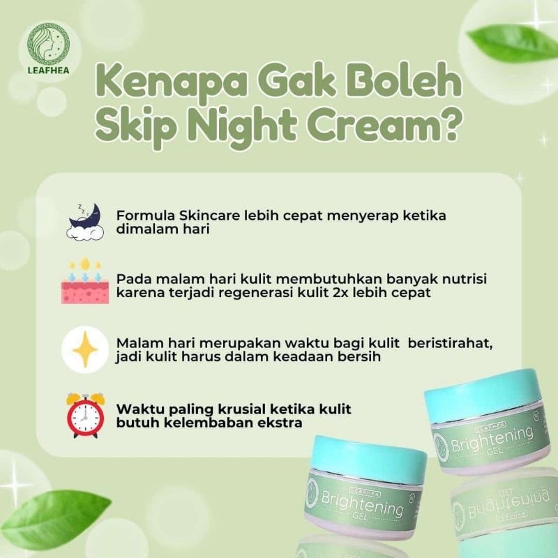brightening gel / cream malam leafhea skincare, untuk mengencangkan kulit wajah, menghilangkan binti