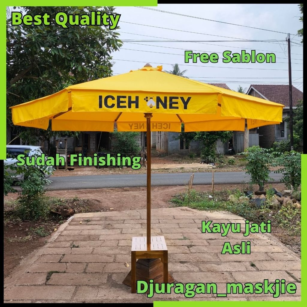 Tenda payung cafe taman pantai outdoor rangka kayu jati dengan pemberat cor