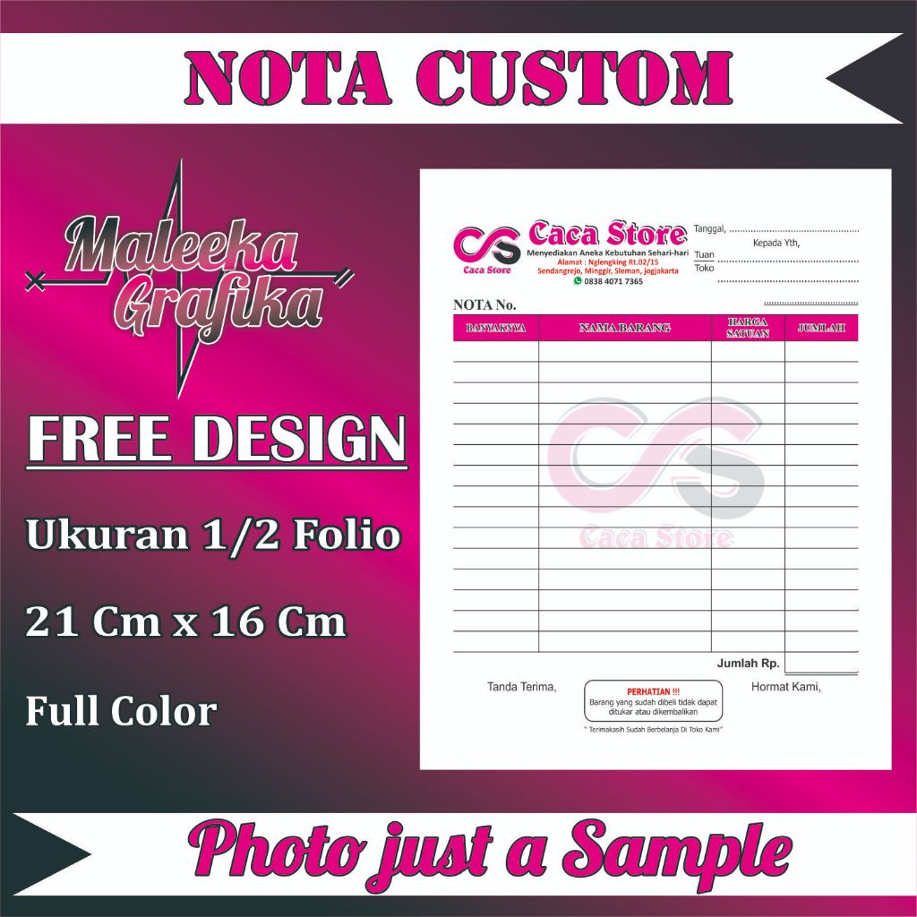 

Cetak nota Ukuran 1/2 Folio HVS, nota Custom Cetak nota nama Toko Custom Murah Meriah MaleekaGrafika