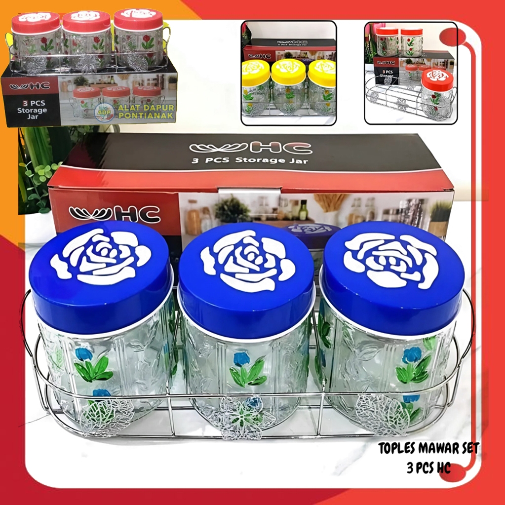 Toples Set Kaca 3 Pcs HC + Rak Besi Toples Lebaran Cantik Motif