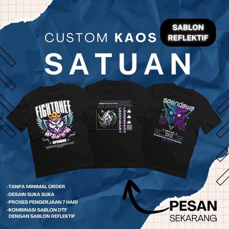 Custom Kaos satuan Sablon Reflektive / Kaos Sablon hologram / Kaos sablon glow in the dark