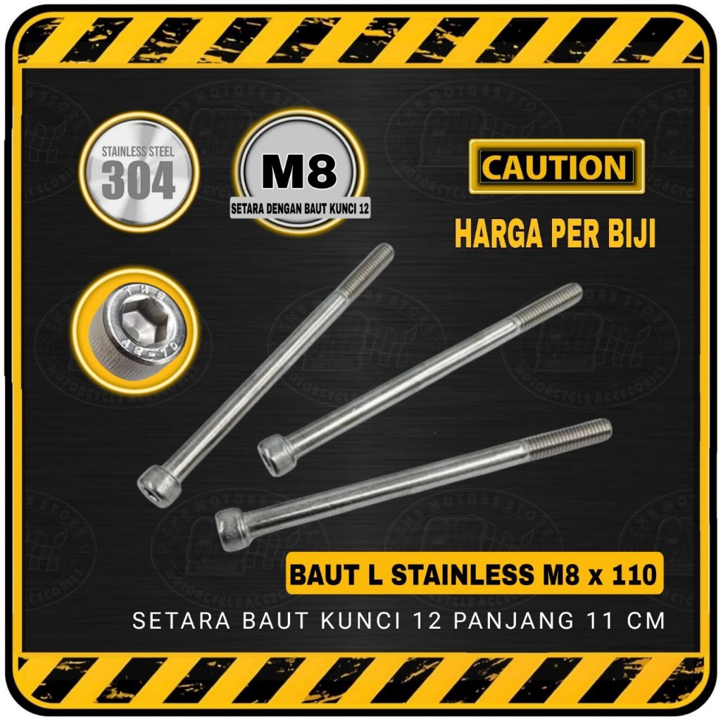 Baut L STAINLESS M8 x 110 || M8x110 ( Setara Baut Kunci 12 | Panjang 110 mm / 11 cm )