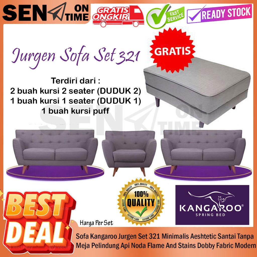 Sofa Kangaroo Jurgen Set 321 Minimalis Aeshtetic Abu-Abu Tanpa Meja Pelindung Api Noda Flame And Sta
