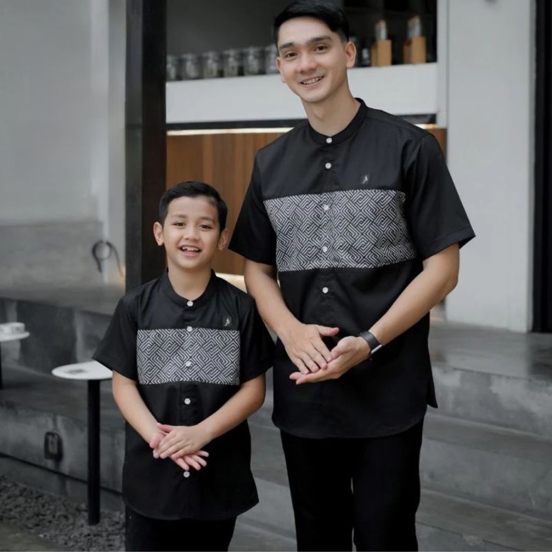 Baju Koko Couple Ayah Anak Laki Laki Lengan Pendek Kombinasi Batik Kautsar Benzema Lebaran Terbaru