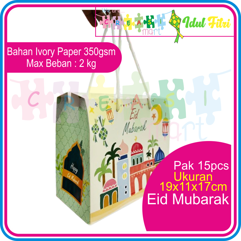 

Box Tali Tebal Hampers Lebaran Eid Mubarak Idul Fitri Pak 15pcs uk. 19x11x17cm Ivory Paper 350gsm