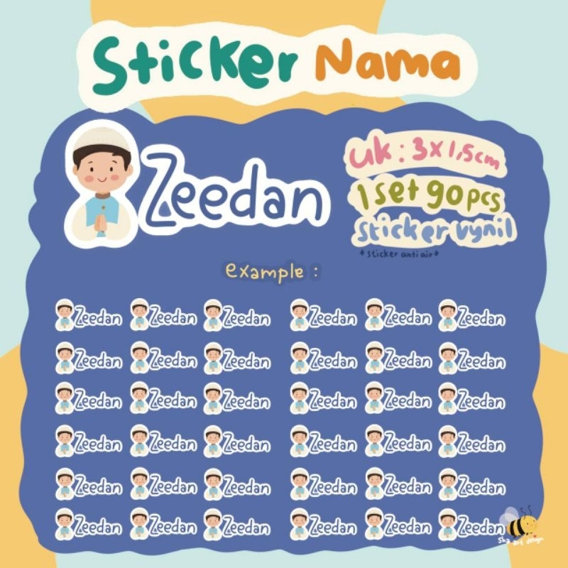 

Sticker Nama Custom A6 4 lembar uk 3,2cm x 1.5cm 1 set isi 90 pcs Untuk anak TK - SD bisa ganti nama. Tema Desain Anak Muslim