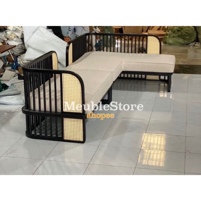 sofa bed jati mix rotan bangku sofa L daybed