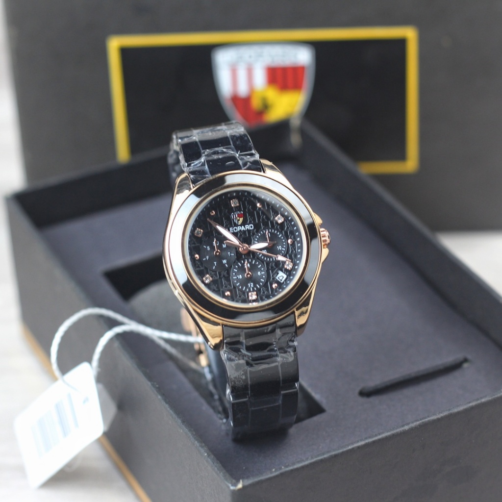 Jam tangan Wanita Leopard 6238 tali keramik chrono off tanggal aktif bulat analog original