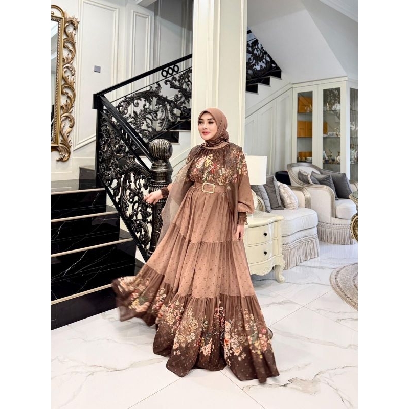 Shellasaukia Dress Set Long Cardigan Organza Flower Import Premium Baju Lebaran Shellasaukiashop Ter
