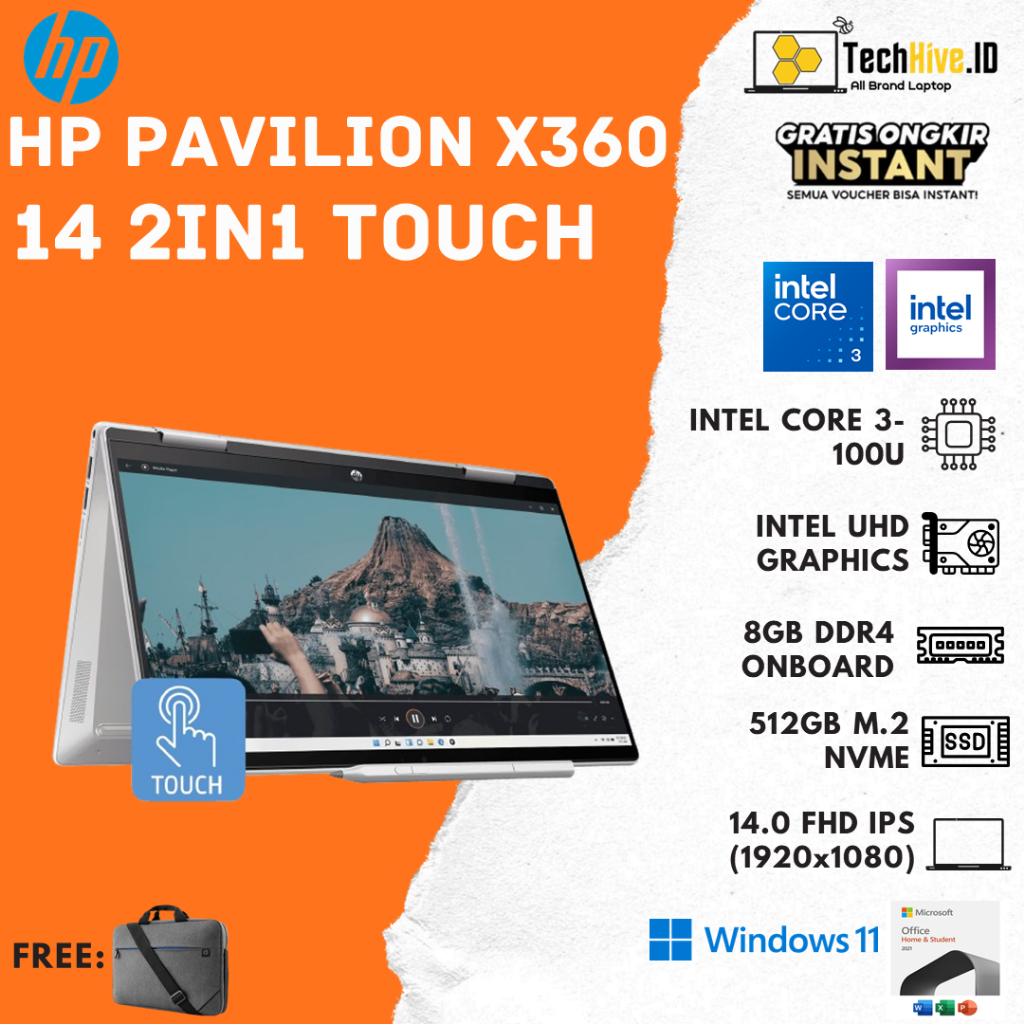 Laptop HP Pavilion X360 14 Touch Core I3 100U 8GB 512GB W11+OHS 14.0FHD IPS BLITEK2051TU