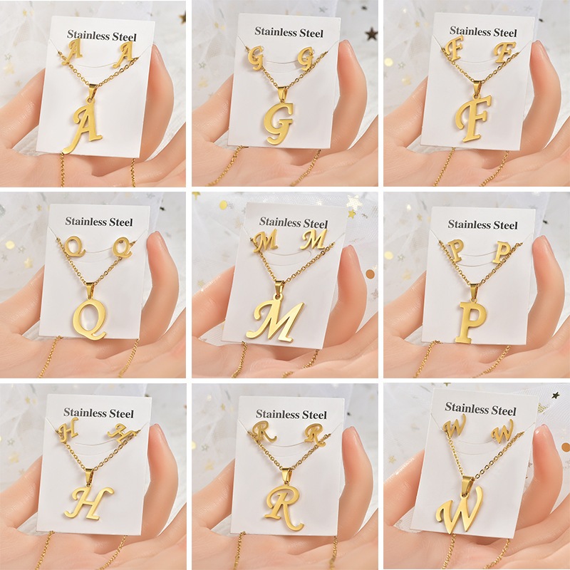 CSL Kalung Set Anting Titanium Wanita Anti Karat Nama Inisial Huruf Abjad Titanium A sampai Z