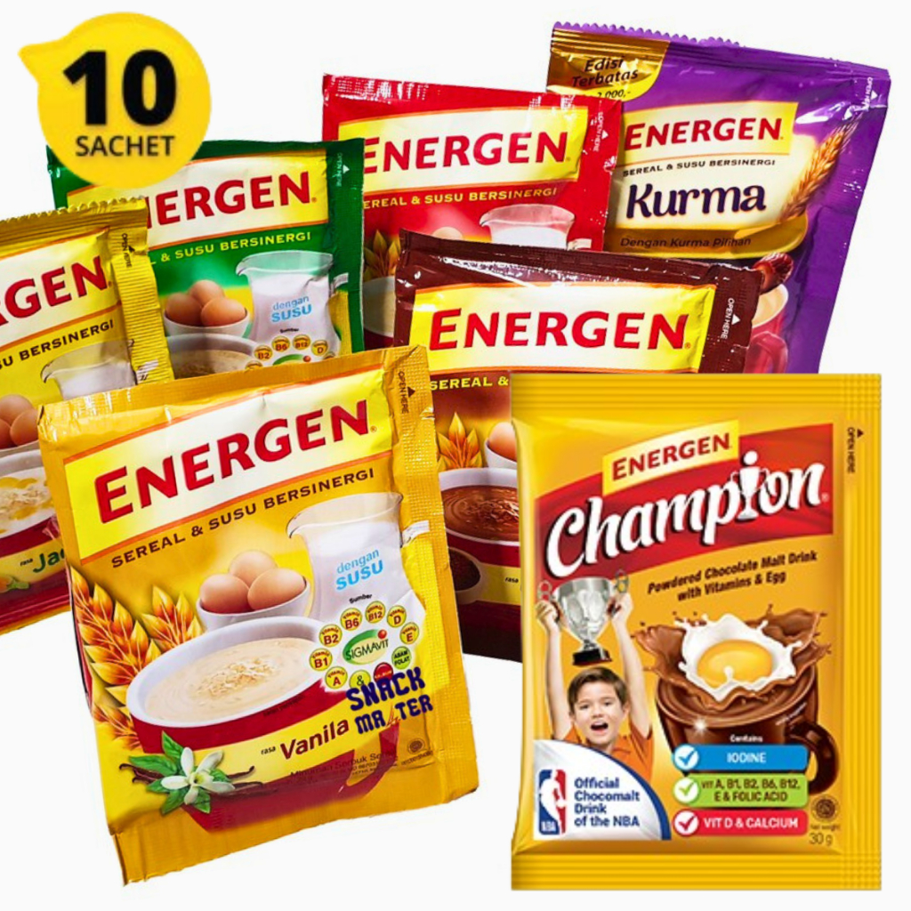 

ENERGEN Susu Sereal Coklat Vanilla Kacang Hijau Jahe Kurma Champion Aneka Rasa 1 Renceng Isi 10 Sachet