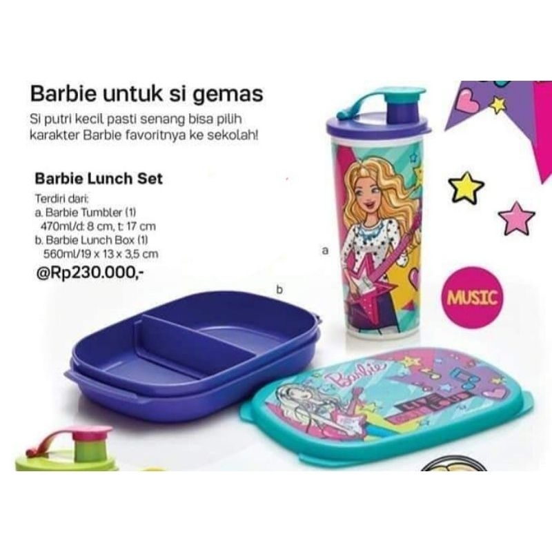 Harga diskon Barbie lunch set Tupperware tempat bekal makanan anak sekolah