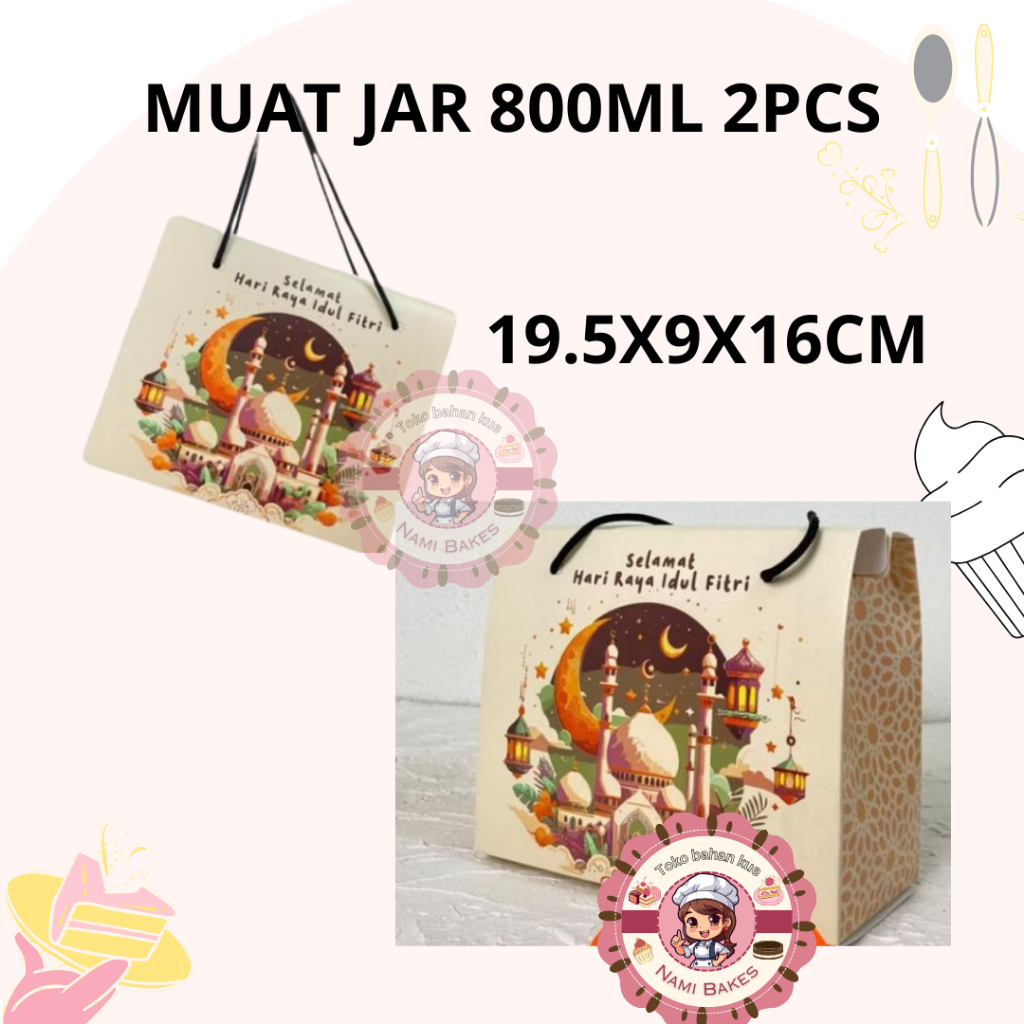 

Kotak lebaran isi Jar 800 ml 2 pcs 19.5 x 9x 16cm Lebaran Box EID MUBARAK Idul Fitri