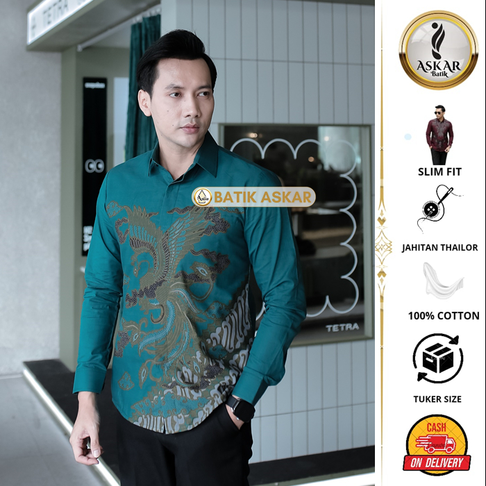 Askar Batik Motif Sagara Baju Kemeja Batik Pria Slim Fit Lengan Panjang Modern Hem Atasan Katun Prem