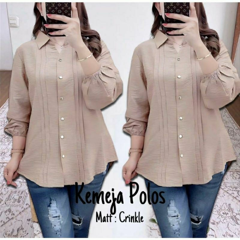 Kemeja Wanita Crinkle Polos Lengan Panjang Variasi Garis Dada