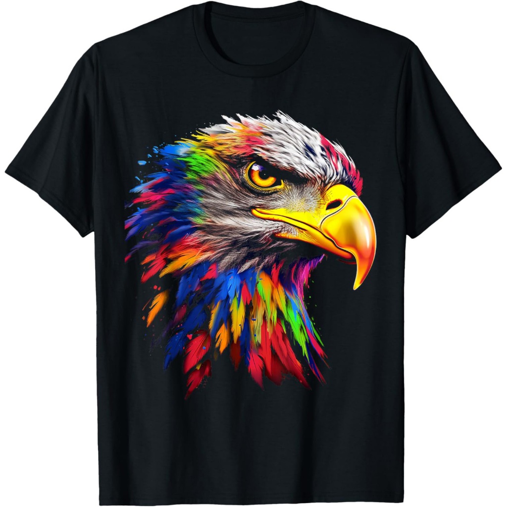 Kaos Motif Grafis Seni Wajah Elang Hewan Cetak Berwarna-warni Burung Elang