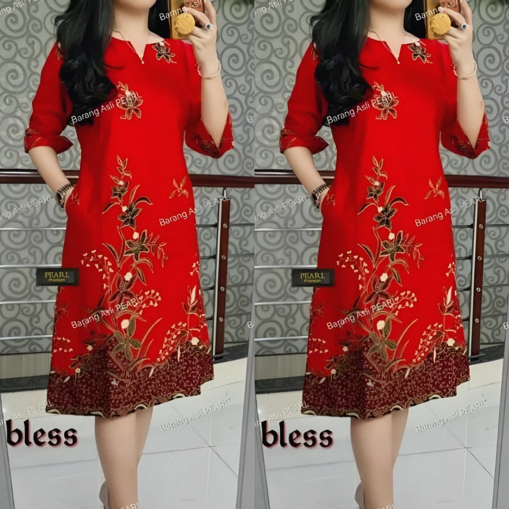 Dress batik tunik wanita trendy natal lengan pendek sepsial merah ukuran jumbo