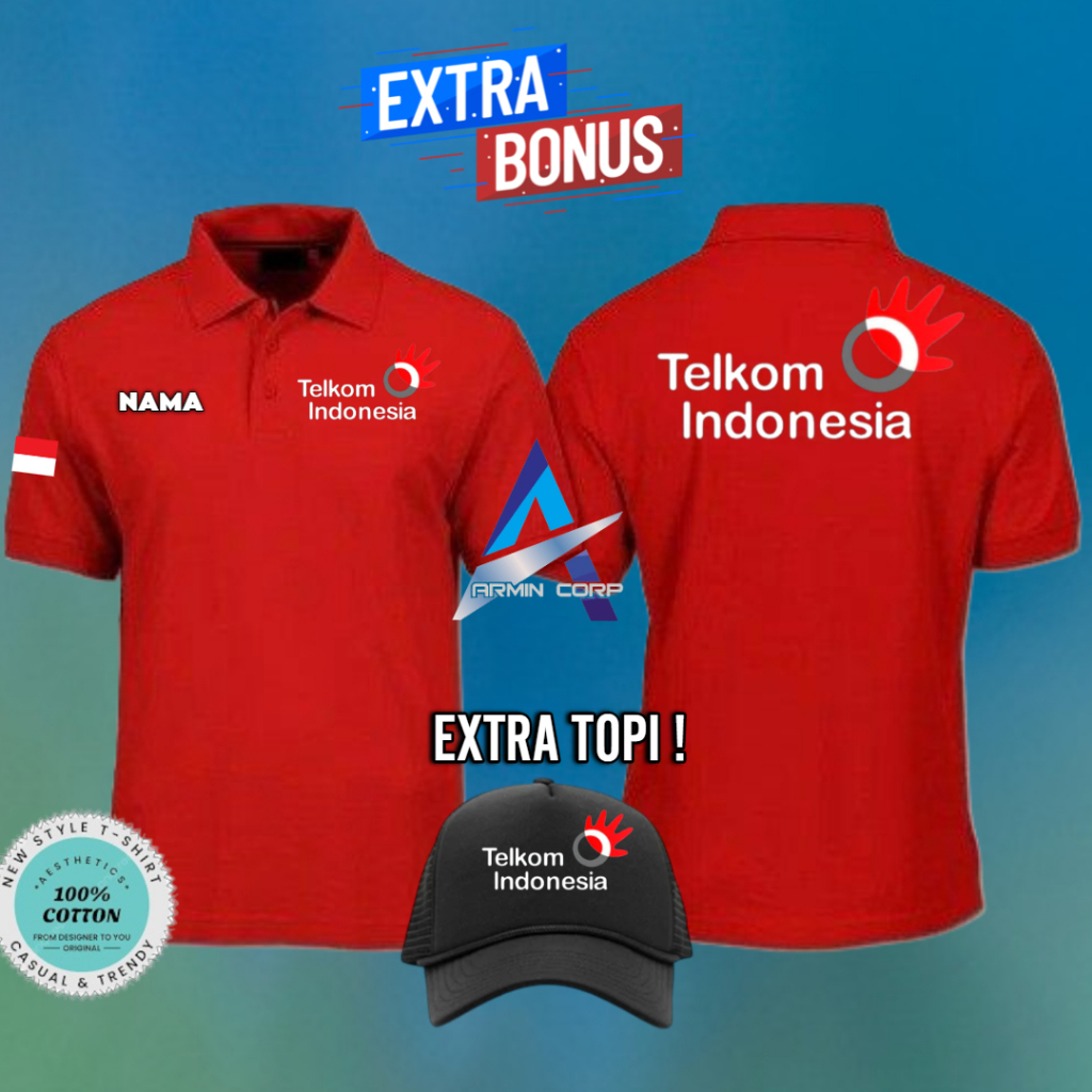 KAOS KERAH PRIA WANITA TELKOMSEL INDONESIA READY WARNA LAINNYA BAHAN ADEM BONUS TOPI TRUCKER