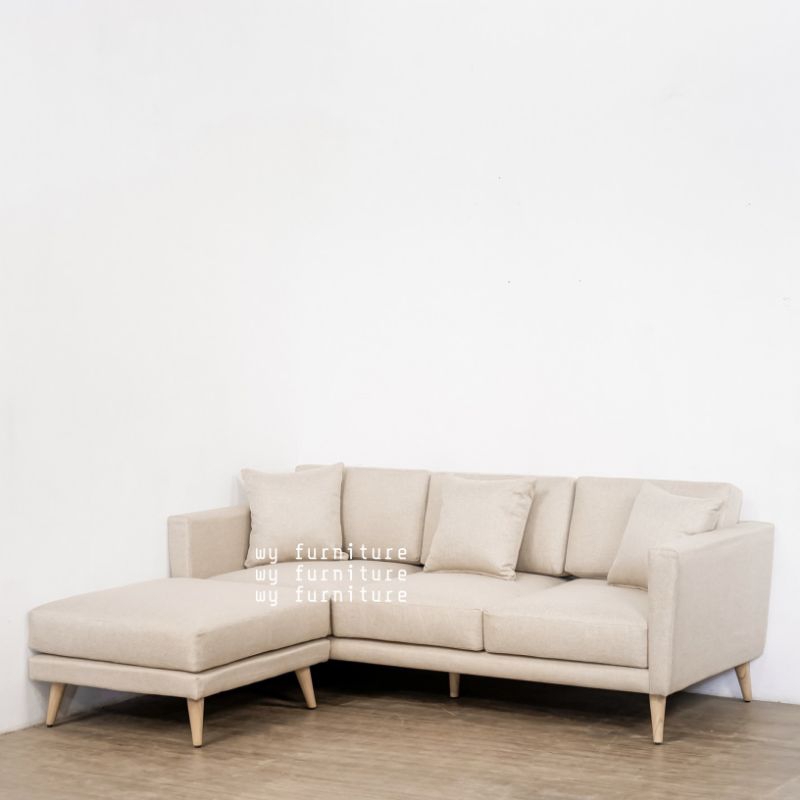 sofa L sudut minimalis kayu jati kain sintetis, kursi sudut L minimalis jati, sofa jati