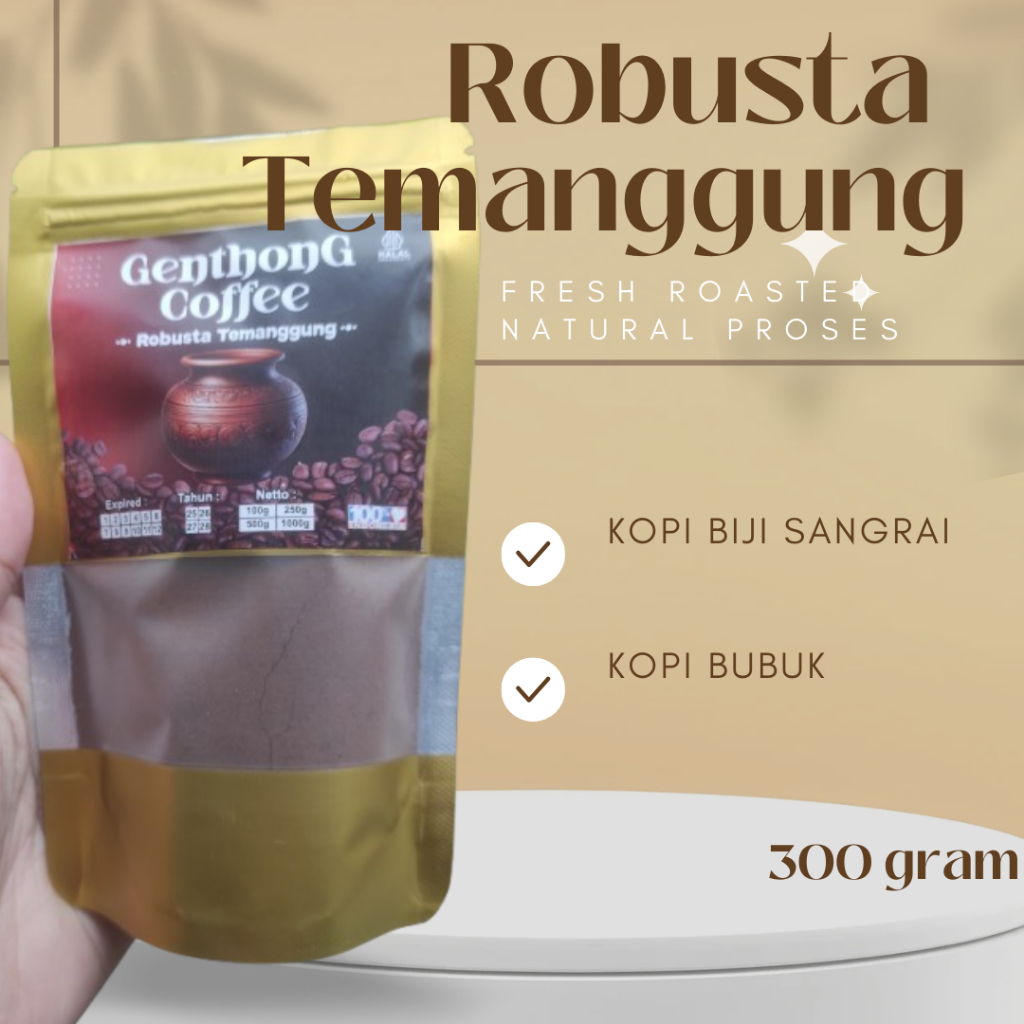 

Genthong Coffee, Kopi Robusta Temanggung 300 Gram Biji Kopi Sangrai Roast Bean dan Bubuk Kopi
