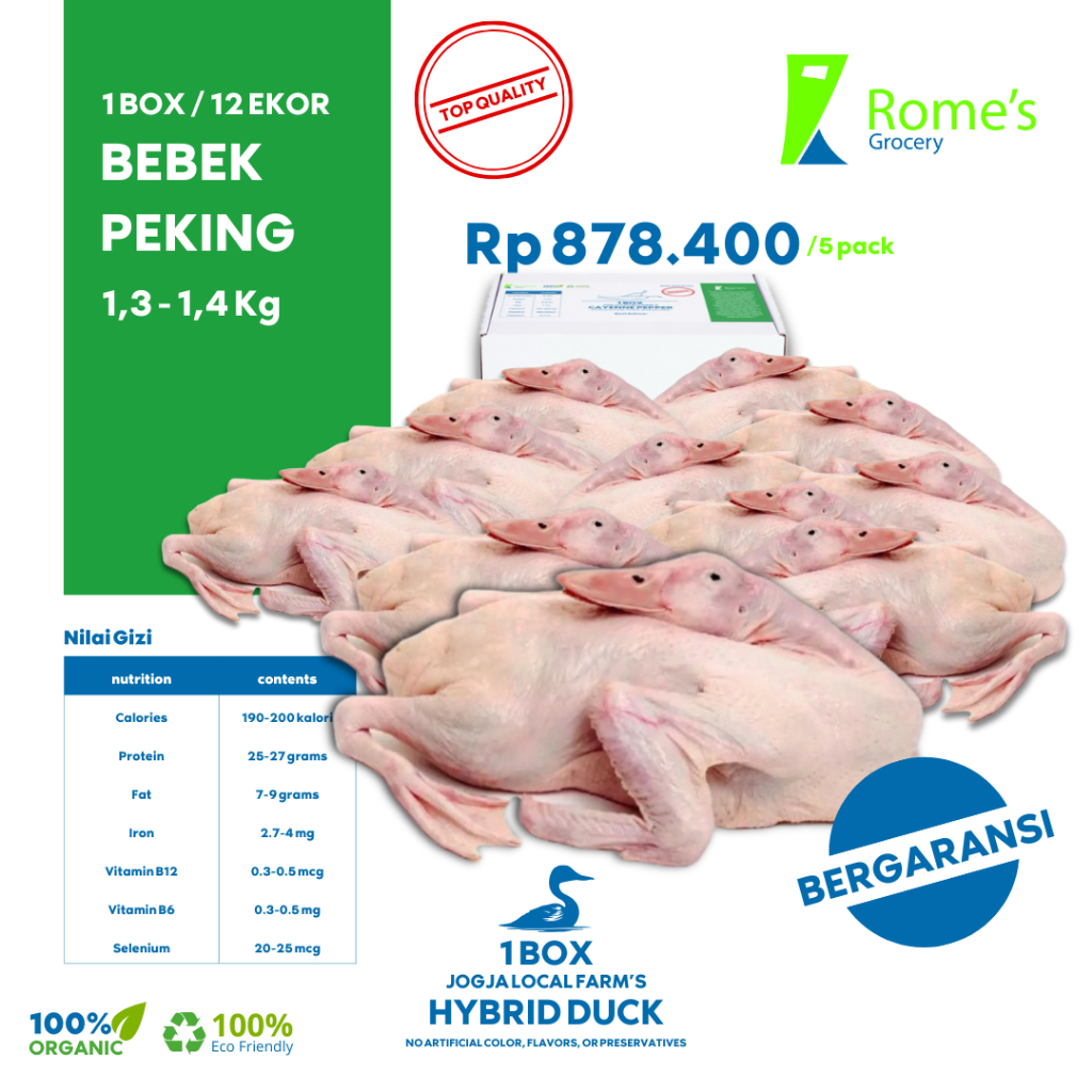 

Bebek Peking Utuh | 12 Pack/12 Ekor | 1,3 - 1,4 Kg | Fresh & Organik I Bergaransi I Romes Grocery