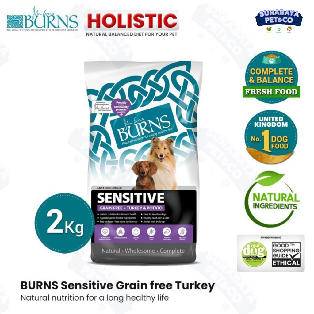 Burns Sensitive Grain Free Dog Food Holistic Turkey & Potato 2kg 6kg 12kg Adult & Senior - Makanan A