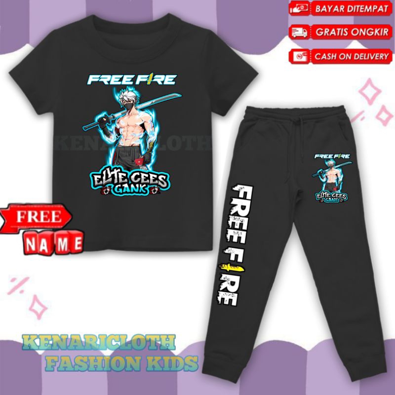 (BISA COD) SETELAN KAOS ANAK USIA 3-12 TAHUN MOTIF FF FREE FIREE ELITE CEES GANK PEDANG KATANA / SET